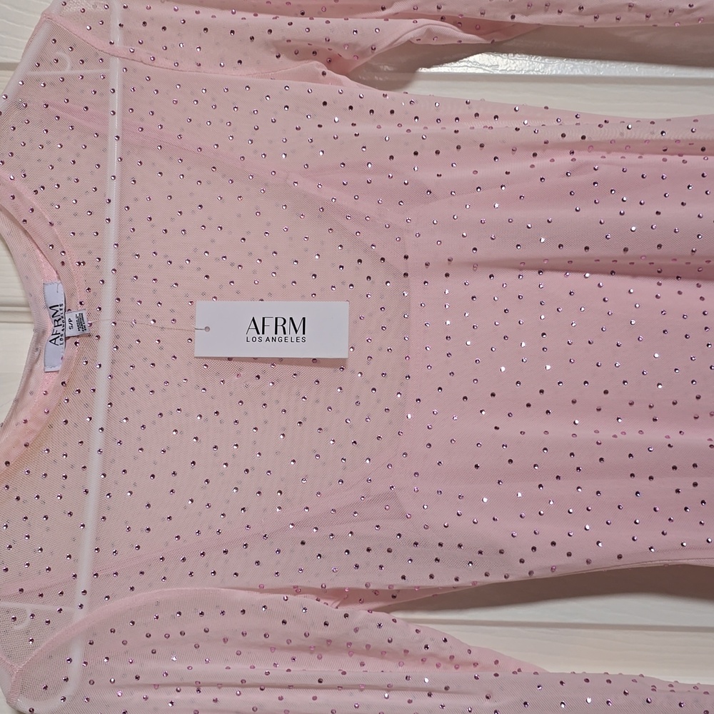 AFRM Los Angeles Loah Rhinestone Long Sleeve Mesh Dress: Cherry blossom Size S** - Picture 3 of 6